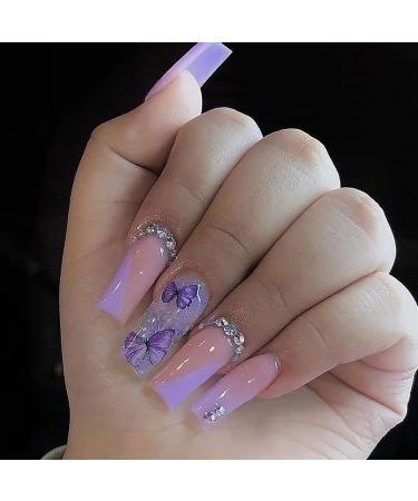 24 Pcs Medium Length Press on Nails Coffin Rhinestones Fake Nails French Purple Butterfly and Sequins Design Artificial Acrylic Full Cover False Nail for Women and Girls