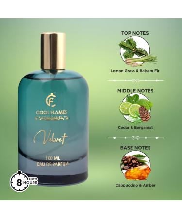 Cool Flames Luxury Velvet Unisex Eau De Parfum with Lemongrass Bargamot Balsam Fir Cappuccino & Amber Premium Long Lasting Citrus & Woody Fragrance Scent Perfume for Men & Women 100 ML - Buy Online on GoSupps.com