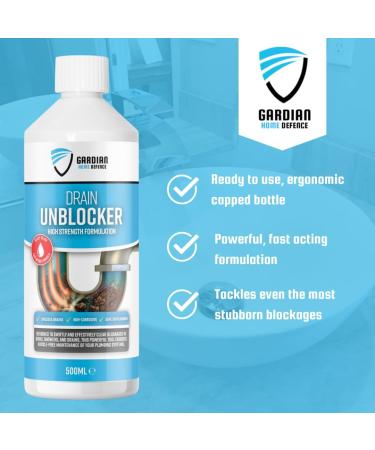 Gardian Drain Unblocker - 500 ml High Strength Drain Cleaner to Effectively Dissolve Clogs on Sinks Showers and Drains - Safe Non-Corrosive Easy-to-Use Drain and Sink Unblocker Liquid - Buy Online on GoSupps.com