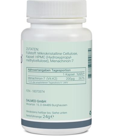  DALMED Vitamin K2 MK-7-120 Capsules (1 Capsule Contains: 200 mcg Menaquinone-7) - Pharmaceutical Grade - No Additives - Pure and High Quality Substances - Buy Online on GoSupps.com