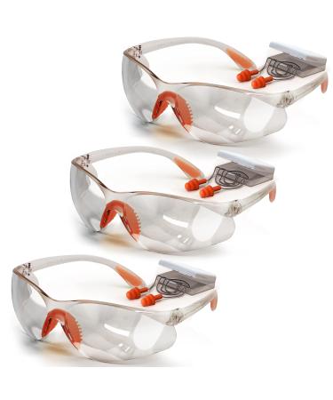 Safety Glasses UV 400 Protection for Eye Protection & Corded Earplugs Kit-Lightweight  Thick  Anti Fog  Scratch Resistant  Clear  Wraparound Eyewear for Indoor/Outdoor Work (Set of 3)
