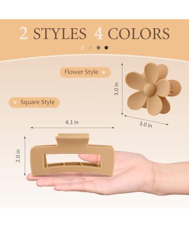 8 Pack Large Hair Claw Clips for Women - Flower & Rectangular Styles with Hair Ties - Neutral Colors - 4.1 Inch - Buy Online on GoSupps.com