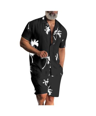 Men's Casual Hawaiian Outfits Flower Printed Button Down Shirts Shorts Summer Beach Vacation Sets Big and Tall A-black XX-Large