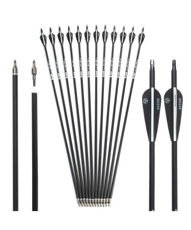Musen 28"/30" Carbon Archery Arrows, Shaft Spine 500 with Removable Tips, GPI 13.0 Hunting and Target Practice Arrows for Both Compound Bow and Recurve Bow, 12 Pcs Black 28"
