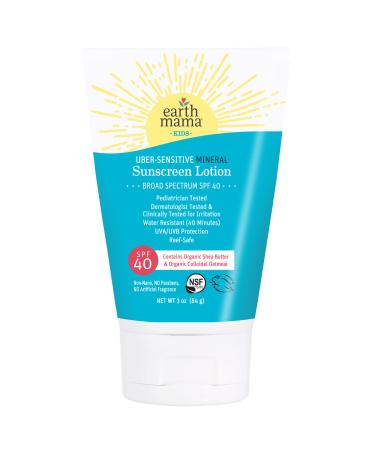 Earth Mama Uber-Sensitive Mineral Sunscreen Lotion SPF 40 | Reef Safe, Non-Nano Zinc, Contains Organic Colloidal Oatmeal | Steroid-Free Eczema Cream for Baby, Kid & Family, 3-Ounce 3 Ounce (Pack of 1) Kids - SPF 40 - Buy Online on GoSupps.com