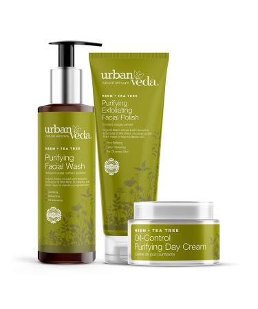 Urban Veda Daily Purifying Cleansing Essentials | Purifying Facial Wash Purifying Exfoliating Polish Purifying Day Cream | Oil & Acne Control | Vegan & Cruelty Free | For Oily & Congested Skin
