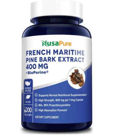 NusaPure French Maritime Pine Bark Extract 400mg per Veggie Caps 200-Day Supply with Bioperine (Non-GMO & Gluten Free)