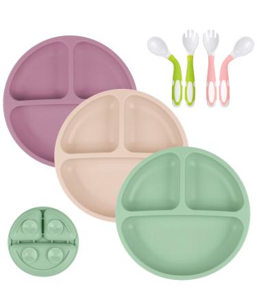 Vicloon Baby Suction Plate 3Pcs Silicone Baby Suction Plates Non Slip Silicone Baby Weaning Plate Divided Dishes for Toddler Kids Self Feeding Fits for Most Highchairs Trays(Green/Pink/Beige) - Buy Online on GoSupps.com