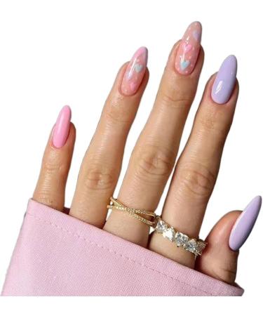 24 Pieces Fresh Floral Almond Fake Nail Press Nail Removable Fake Nail Tip Purple Band Design Nail Art Patch (Color : 09) - Buy Online on GoSupps.com