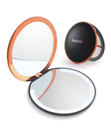 Kostlich Travel Makeup Mirror with Lights  1x/7x Magnifying Compact Mirror 4.7 Inch  Folding  Rechargeable Handheld 2-Sided Pocket Mirror  Portable for Handbag Purse (Black)
