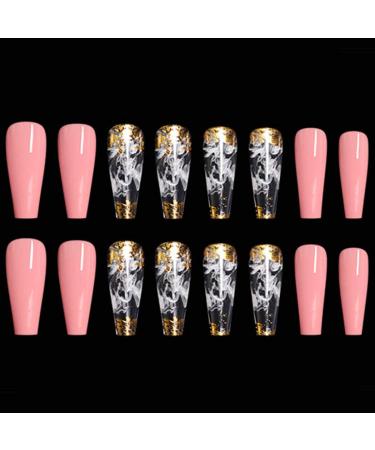 Outyua Pink Coffin Extra Long Press On Fake Nails - 24Pcs Glossy Ballerina Acrylic False Nails with Smoke Pattern Designs - Stick On Artificial Nails for Stylish Look - Buy Online on GoSupps.com