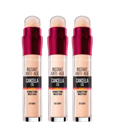 3x Maybelline New York Liquid Concealer Age-Corrector colors 00 Ivory 02 Nude and 01 Light with Goji berry and haloxyl 1 piece (3-pack) Color 00 Ivory + 02 Nude + 01 Light