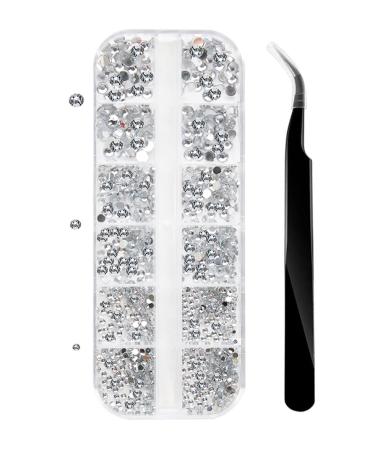 Nail Gems Flat Back Crystal Rhinestones with Pick Up Tweezer for Nail and Face Art Craft Decoration 1500Pcs 3 Sizes White