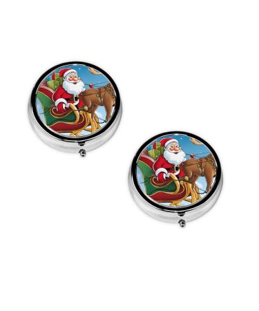 (Merry Christmas Pattern) Round Pill Box 3 Compartment Pill Box Mini Decorative Pocket Purse Portable Travel Medicine Tablet Vitamin Holder Organizer Pill Case