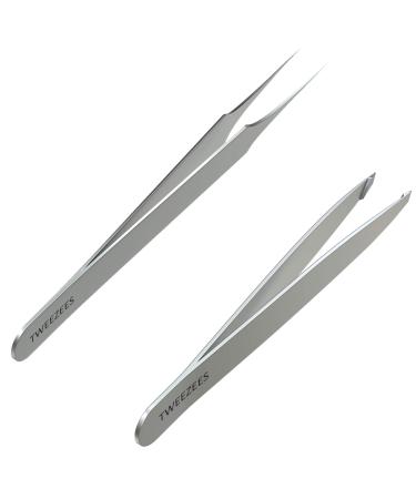 Tweezees Precision Stainless Steel Tweezers | Professional Slant Tip & Splinter Tip Tweezer | Extra Sharp Hair Removal Tool | For Eyebrow Shaping