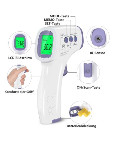 Buy Contactless Infrared Thermometer for Baby Adult & Children - Precise Fever Readings Alarm & 50 Memory Function - Digital LCD Display - White & Purple - Buy Online on GoSupps.com
