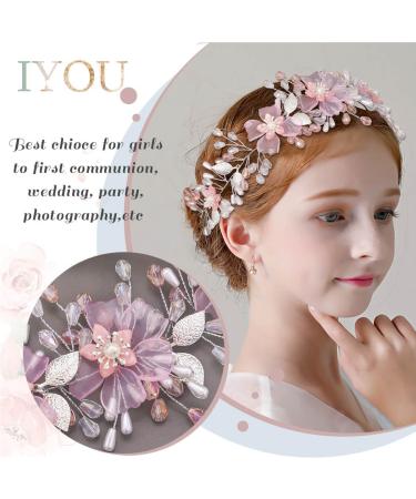 IYOU Flower Girl Headband Pink Floral Headpiece Pearl Leafs Commmunion Hair Vines Bridal Wedding Hair Accessories for Girls - Buy Online on GoSupps.com