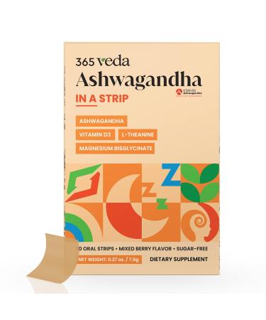 365veda Ashwagandha Oral Strips 100 mg KSM 66 Ashwagandha L-Theanine Melatonin Vitamin D3 and Magnesium Vegan Strip for Men and Women Sugar-Free Non-GMO 30 Oral Strips (Berry)