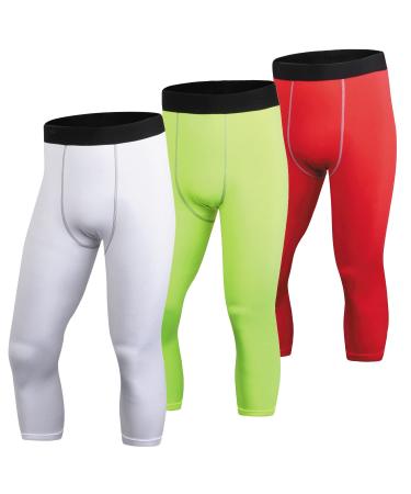 1 or 3 Pack Men's 3/4 Compression Pants Dry Fit Men Running Leggings 3/4 Tights Gym Capri Pant Football Basketball Red+white+fluorescent Green (No Pockets) X-Large