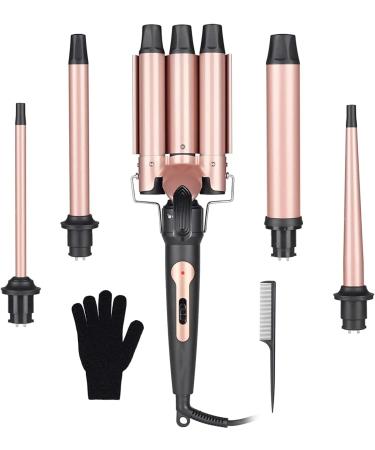 Beach Waver Curling Iron Wand Set 5 in 1 Hair Curlers Waver Crimper Tool for Women Man 3/8 inch - 1 1/4 inch Curling Wands with Attachments for Hair Curly Hairstyle