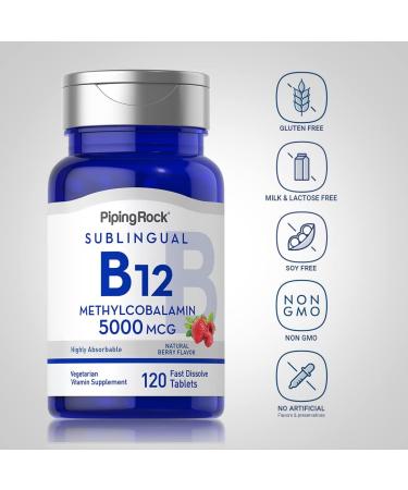 Piping Rock B12 Methylcobalamin 5000 mcg - 120 Fast Dissolve Tablets | Berry Flavor, Vegetarian & Gluten Free - Buy Online on GoSupps.com