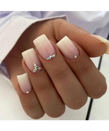 DMQ Square False Nails 24Pc Pink White Gradient Fake Nails Press on Nails with Rhinestones Acrylic Stick on Nails for Women Girls Nails Art Gradient with Diamond