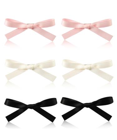 6pcs Cute Hair Clips Solid Color Ribbon Bow Clips Kawaii Bowknot Barrettes Hair Accessories for Women Girls (Pink White Black)