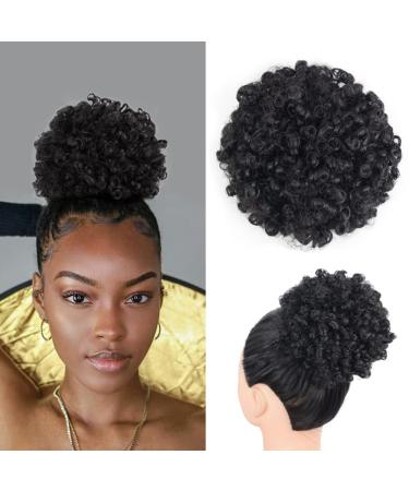 Yinmei Baibian Curly Wavy Afro Puff Drawstring Ponytail Hair Extension for Black Women Loose Wave Short Mini Afro Puff Hairpieces for Girls Kids(1B)