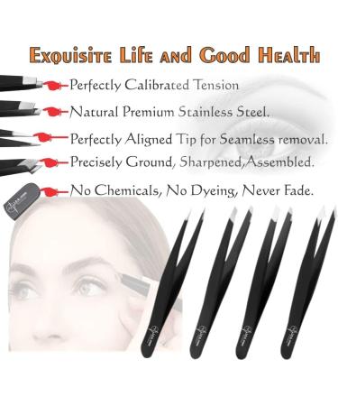 S.A.Q. JILLANI Eyebrow Precision Tweezers Set - Professional Stainless Steel - For Men and Women - Facial & Ingrown Hair Removal - 4 Pieces with Case (Black) - Buy Online on GoSupps.com