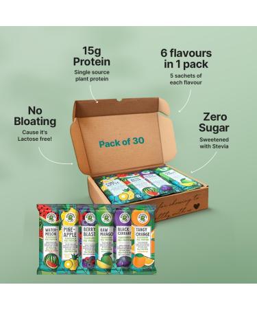 Vegan Plant Pea Protein Isolate Powder - Dairy Gluten Allergen & Soy Free No Added Sugar - Multipack of 30 (Pineapple Black Currant Berry Blast Watermelon Raw Mango & Orange - Buy Online on GoSupps.com