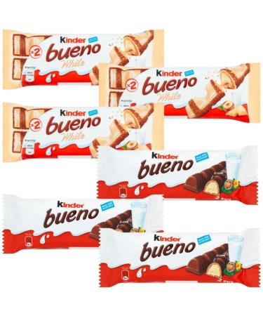 Chocolate Bar Bundle With Kinder Bueno Chocolate Bar 43g x3 with White Bar 39g x3 (6 Pack)