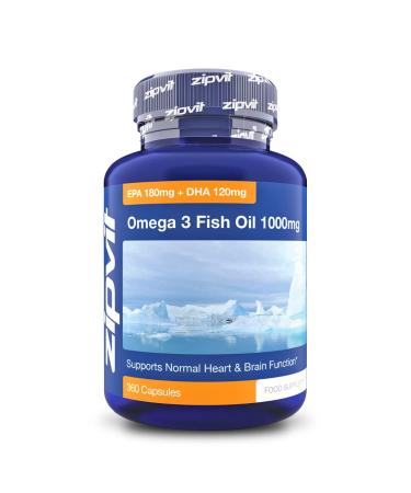 Omega 3 Fish Oil 1000mg 360 Softgel Capsules. 12 Months Supply. EPA 180mg DHA 120mg. Supports Heart Brain Function and Eye Health.