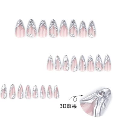 French Tip Press on Nails - Medium pointed tip Press On Nails with Nail Tips Silver Almond Shaped Design press on nails Acrylic False Nails Cute Artificial Nails - Buy Online on GoSupps.com