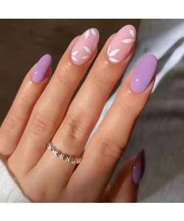 JUSTOTRY 24 Pcs Almond False Nails Short Light Purple Press on Nails with White Flower Designs Stick on Nails for Women Acrylic Fake Nails Oval with Glue for Women Nails Art