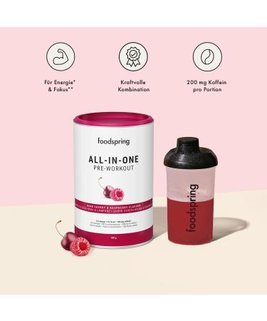 Foodspring All-in-One Pre-Workout Booster | Energy & Focus | 200mg Caffeine | Sugar-Free | Enxtra Taurine Citrulline B6 B8 Choline Ashwagandha | 350g Dark Cherry - Buy Online on GoSupps.com