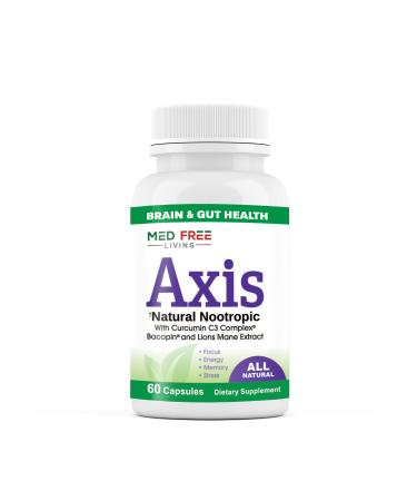 Axis Natural Brain Supplement with Curcumin C3 Complex Bacopin and Lion's Mane Extract - Brain & Gut Health Support Focus Energy Stress Relief - 60 Capsules All-Natural Med Free Living (1)