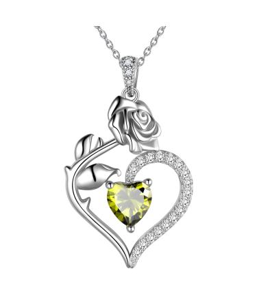 Cute Cat Necklace with Sparkling Zirconia Crystal Birthstone Pendant Necklace for Girls Womens White Gold Over 925 Sterling Silver Animal Necklace Birthstone Jewelry Sweet Present Girlfriend Sisters H August-Peridot