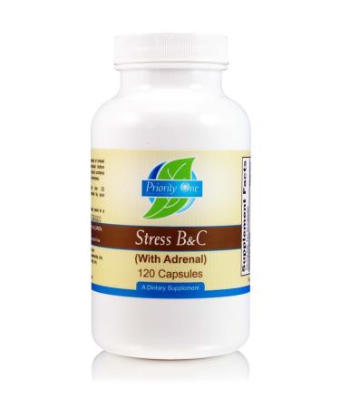 Priority One Vitamins Stress B & C 120 Capsules - B Complex with Whole Gland Adrenal to Support Healthy Nerves Skin Eyes gastrointestinal and Brain Functions.*