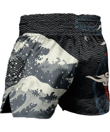 Men's Muay Thai Boxing Shorts Sea Wave Dragon Design | MMA Training Trunks - Buy Online on GoSupps.com