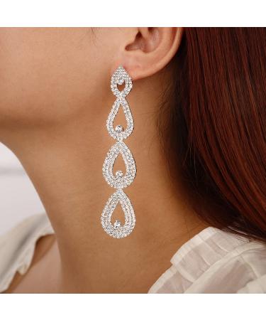Denifery Rhinestones Chandelier Tassel Drop Earrings Statement Teardrop Crystal Stud Earrings for Wedding Bling Bridal Earrings Dangling for Women and Girls (Silver)