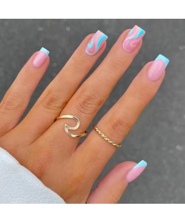 Square False Nails Short 24Pcs Blue French Fake Nails Press on Nail with Pink Blue Swirl Acrylic Stick on Nails with Nail Glue French Nail Tips for Women Girls Nail Art Pink Swirl