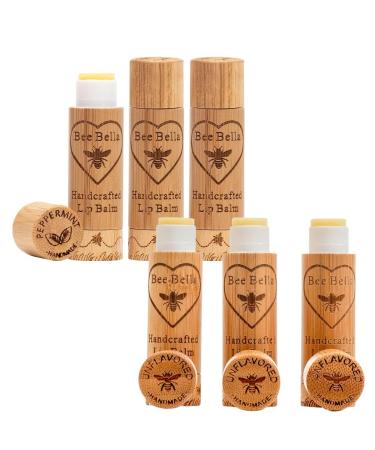 Bee Bella Lip Balm Combo Pack - Hydrating Lip Care 100% Natural Organic Beeswax with Vitamin E Handmade in USA 3 Each (Peppermint Unscented 6 Pack)