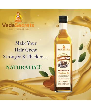 VedaSecrets Cold Pressed Castor Oil - 16fl oz - Unrefined - 100% Pure Castor Oil for Hair Growth Thicker Eyelashes & Eyebrows Dry Skin Healing Hair Care Joint and Muscle Pain