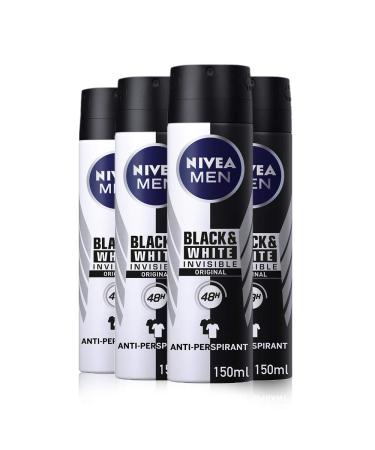 NIVEA MEN Invisible for Black & White Original Anti-Perspirant Deodorant Spray Pack of 4 (4 x 150ml) 48H Protection Men's Aerosol Spray Anti-Mark/Stain Men's Deodorant Spray Original 150 ml (Pack of 4)