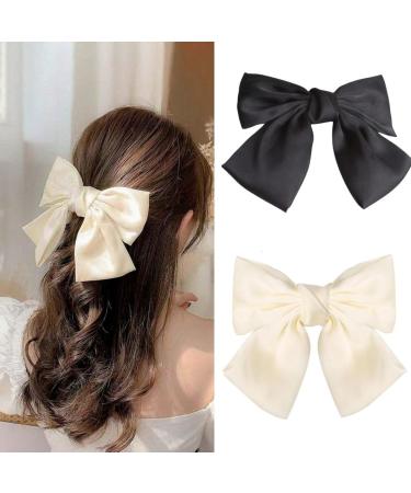 Bows for Hair - 2pcs Hair Bows for Women Black Hair Ribbons for Girls (Cream/Black)