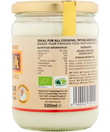 TIANA Fairtrade Organic Virgin Coconut Oil Odourless Cooking Butter 500ml - Buy Online on GoSupps.com