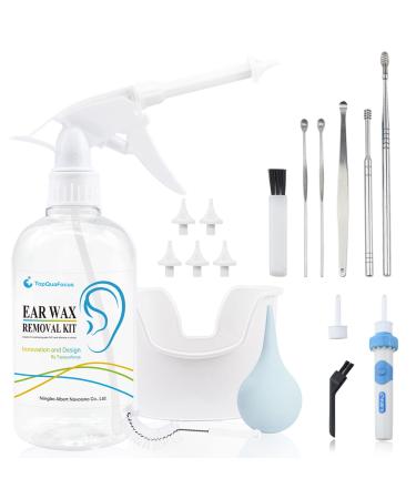 TopQuaFocus Ear Cleaner Earwax Removal Kit Electric Earwax Cleaner Earwax Remover Irrigation Tool 16.9oz Ear Washer Bottle 6pcs Ear Pick for Adults & Kids Cleaning(Clear) Transparency