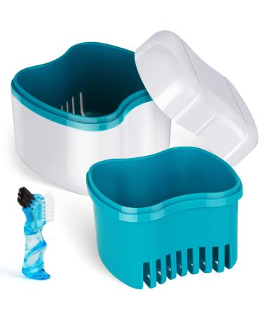 Scotte Denture Case,Dentures Box,Denture Brush Retainer Case,Denture Cups Bath,Dentures Container with Basket Denture Holder for Travel,Retainer Cleaning Case (Green)