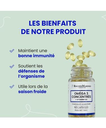 Roches Marines - Omega 3 Concentrated Dietary Supplement + Vitamin D3 - Immune Defenses - Useful in Periods of Fraility - 60 Capsules - Developed in France - Buy Online on GoSupps.com