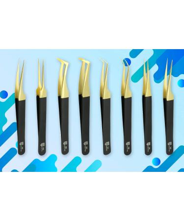 SMI 8-Piece Eyelash Tweezers Set - Stainless Steel Pointed & Bent Eyelash Extensions Tools for 3D 6D Volume Lashes - Includes Stylish Case - Gold & Black - Buy Online on GoSupps.com